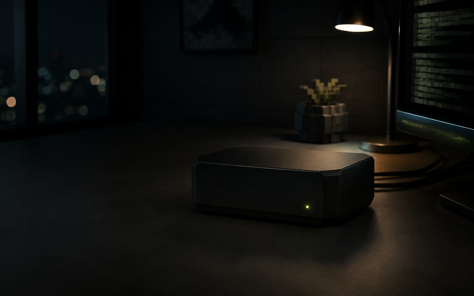A compact always-on bot host with a ready status light