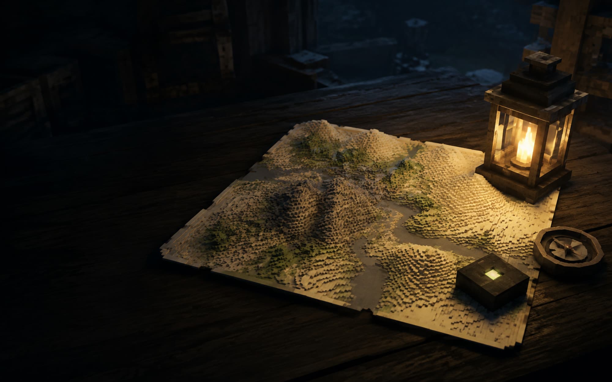 A lantern-lit voxel map with a compass and server tile