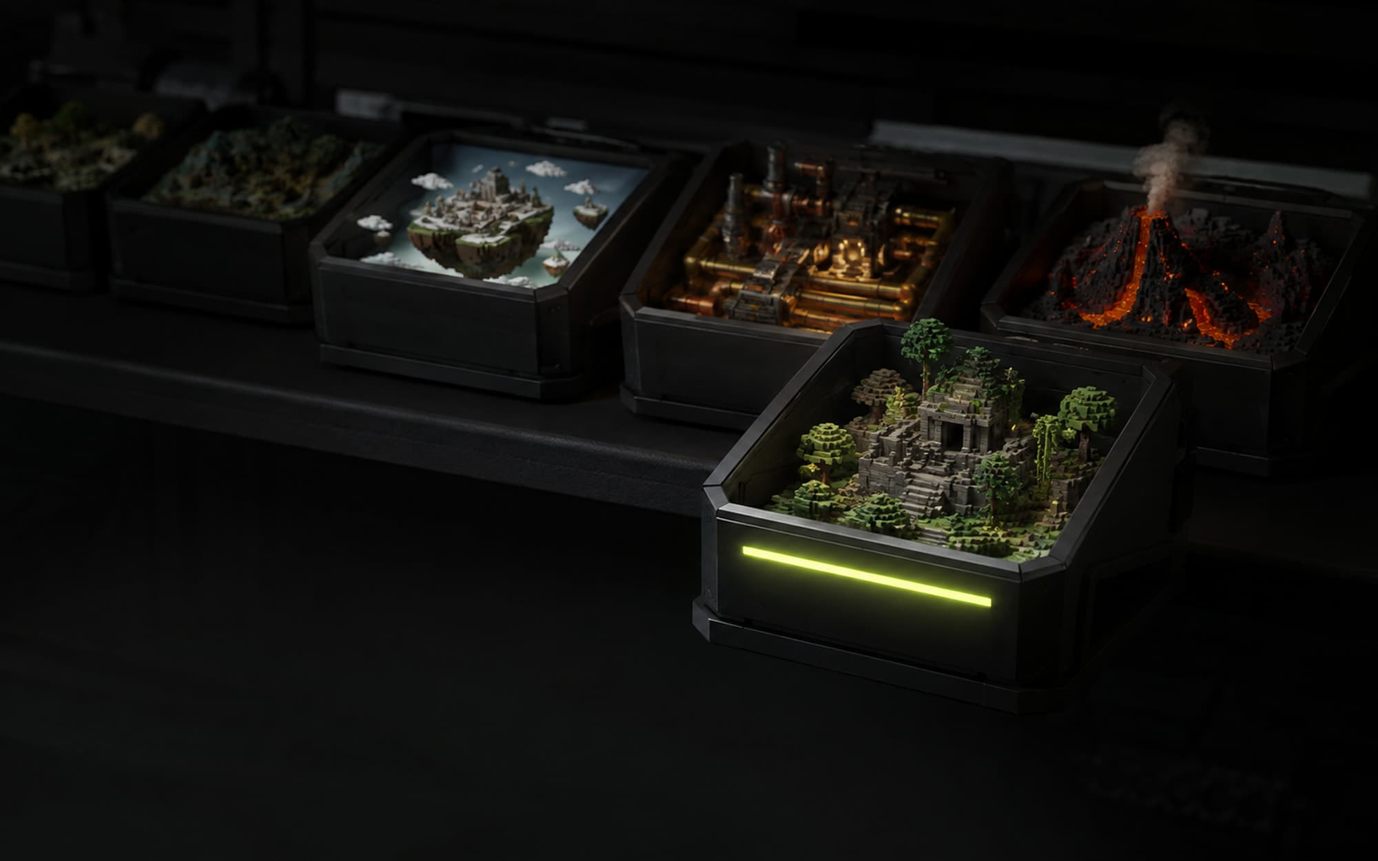 A library of voxel worlds stored in illuminated server crates