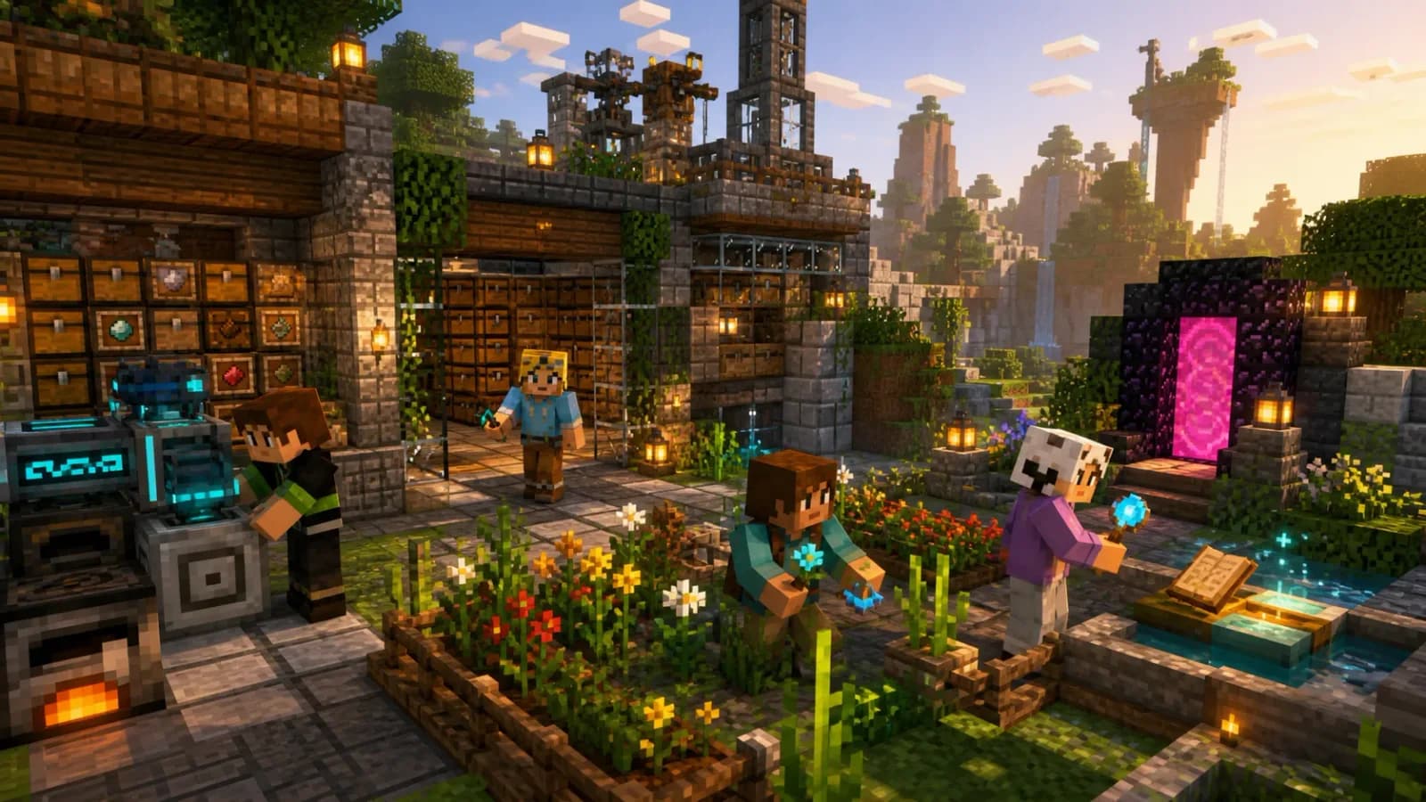 Illustration of four players sharing a voxel base with farming, machines and exploration equipment