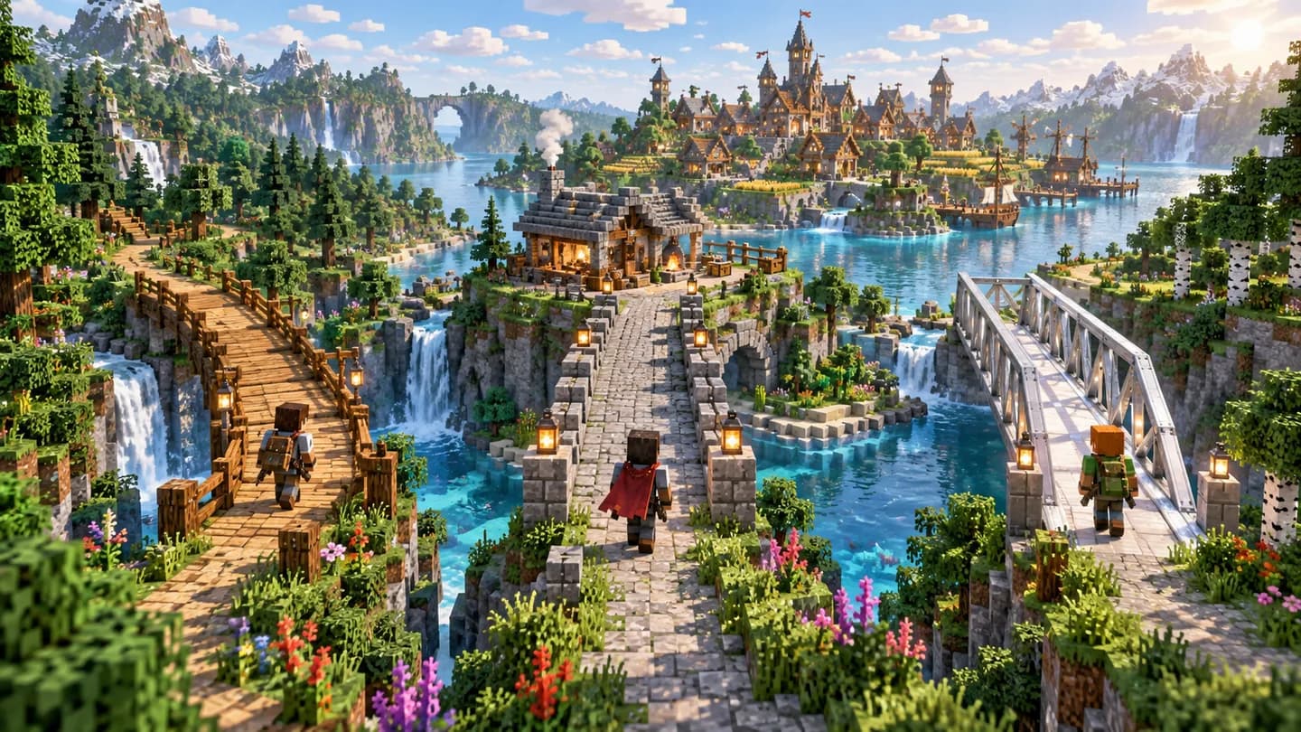 Three distinct paths representing Fabric, Forge and NeoForge leading toward the same voxel landscape