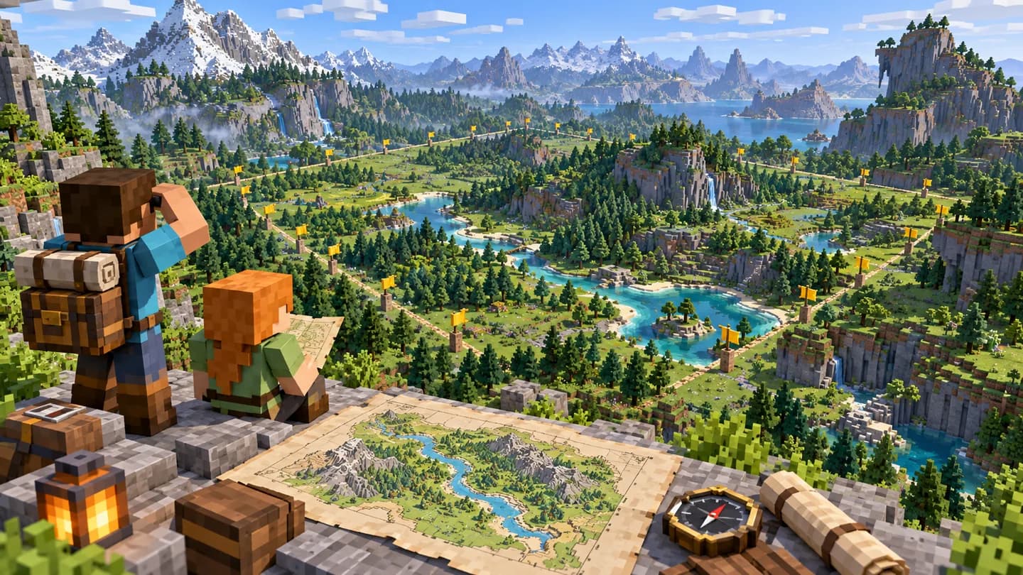 A surveyed voxel landscape with a clearly bounded area and a map on a survey table