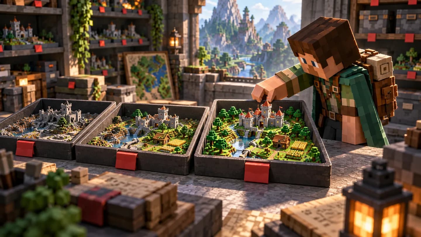 Chronological miniature voxel worlds preserved in an archive, showing successive restore points