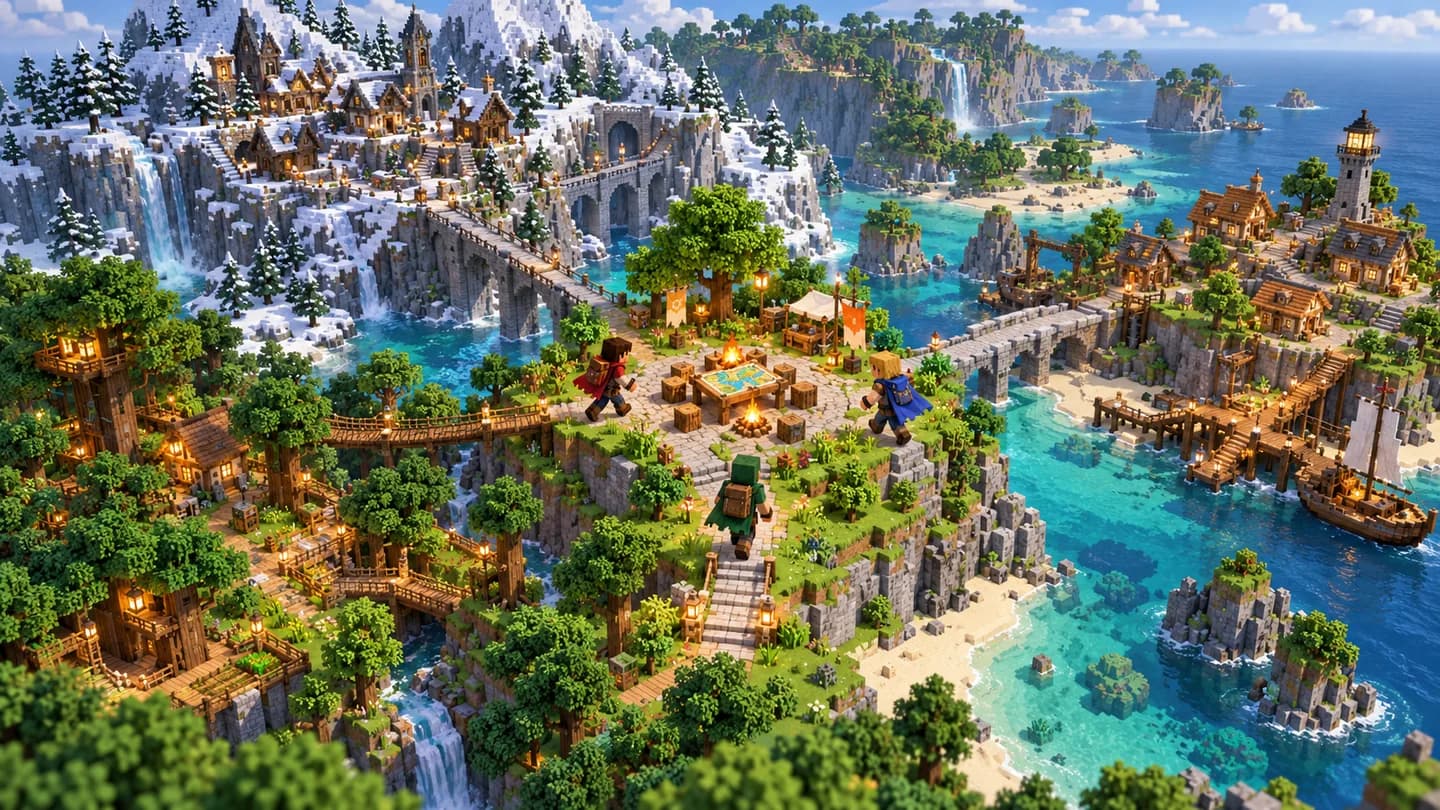 Several voxel settlements connected by paths around a central shared camp