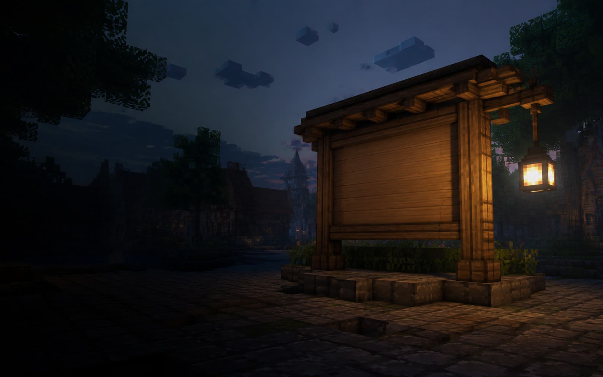 An empty voxel village notice board lit by a lantern