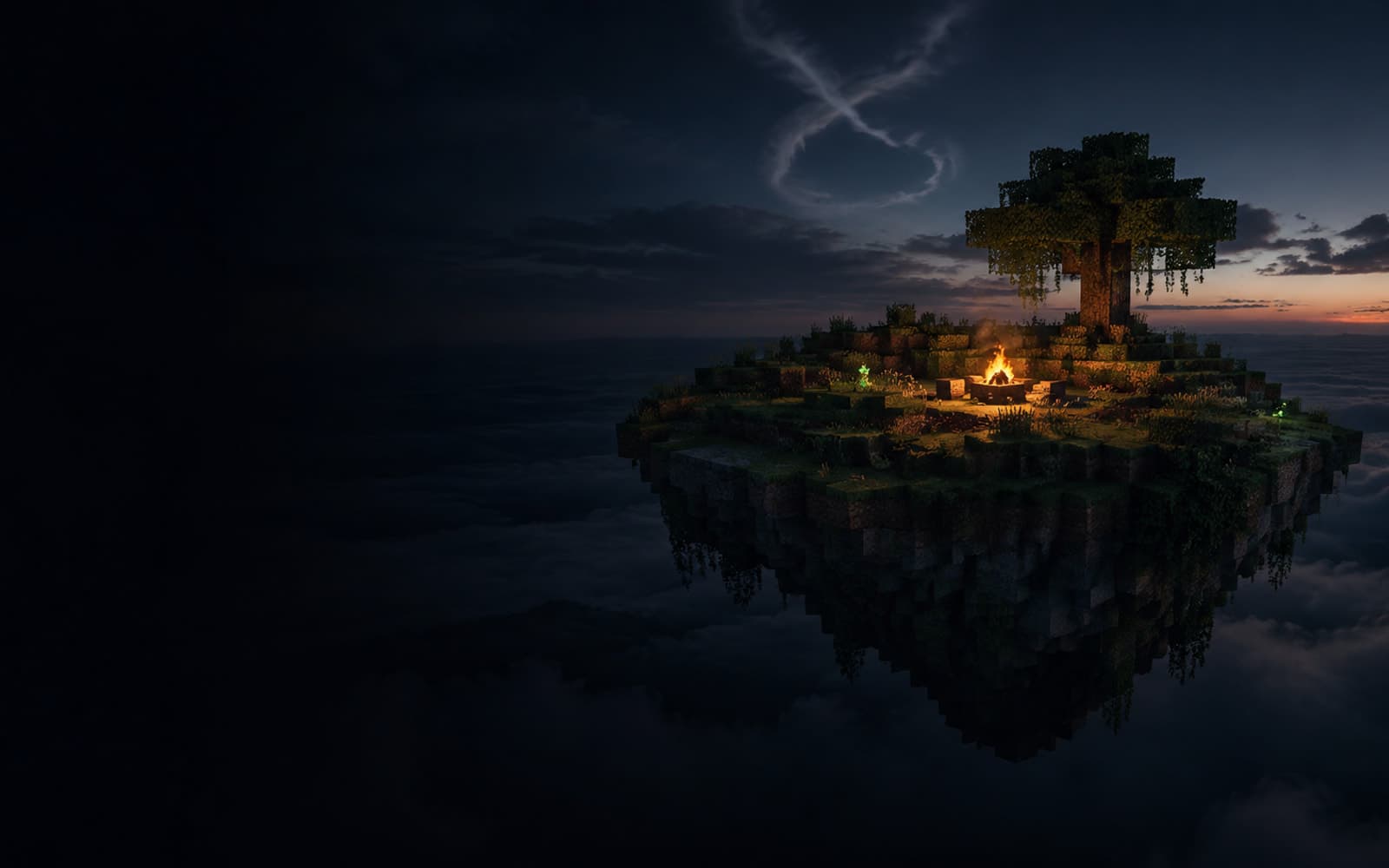 A newly started voxel server island lit by a campfire