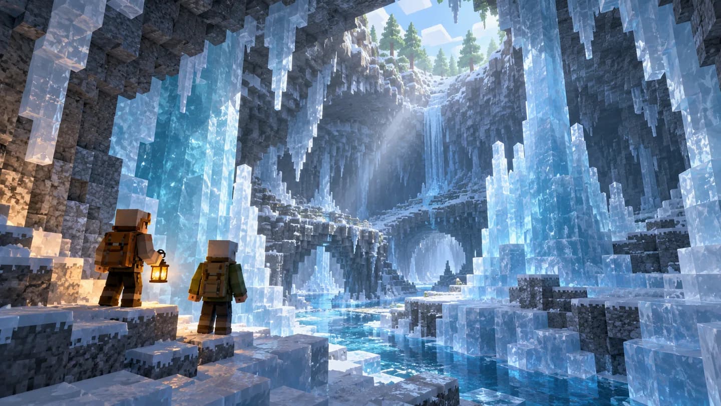 Conceptual AI editorial illustration of a voxel icy underground cavern, not a Minecraft screenshot or feature depiction