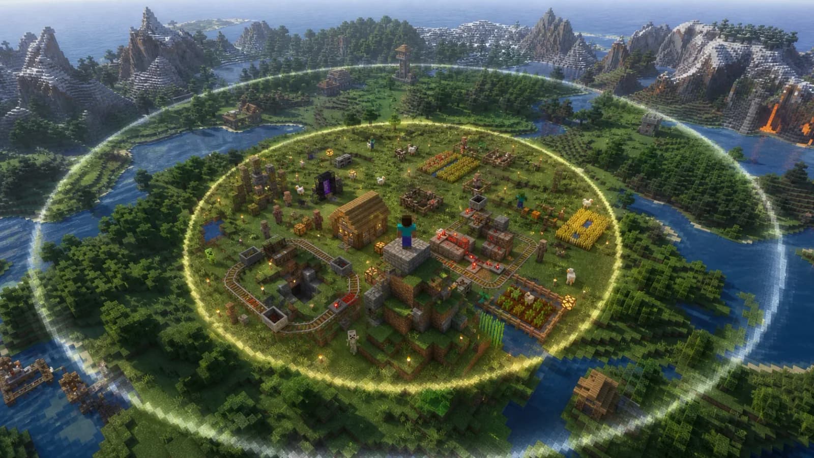 Concept illustration of a nearby active Minecraft area within a wider visible landscape