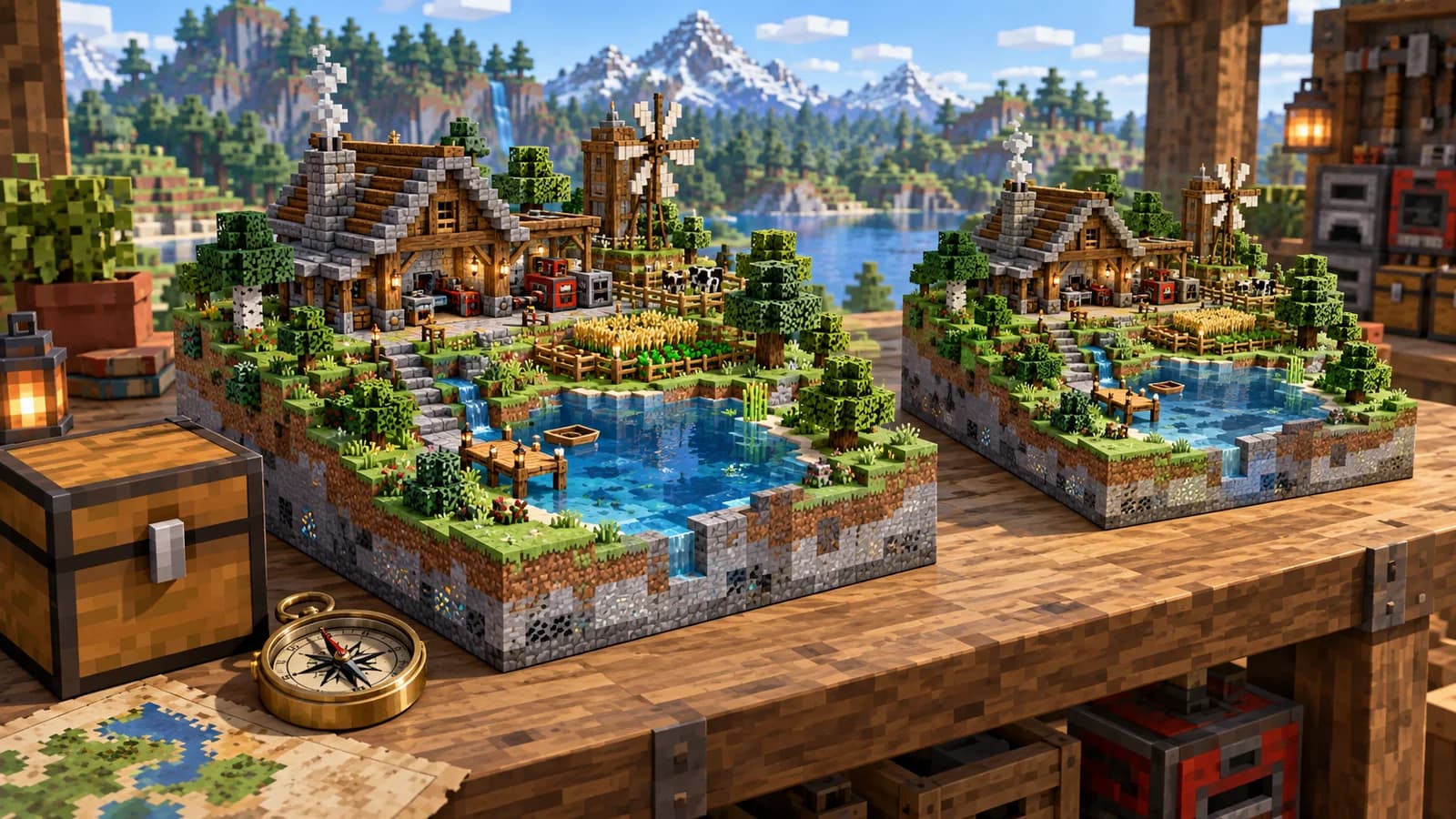 Illustration of a voxel workshop world and a separate backup copy on a workbench