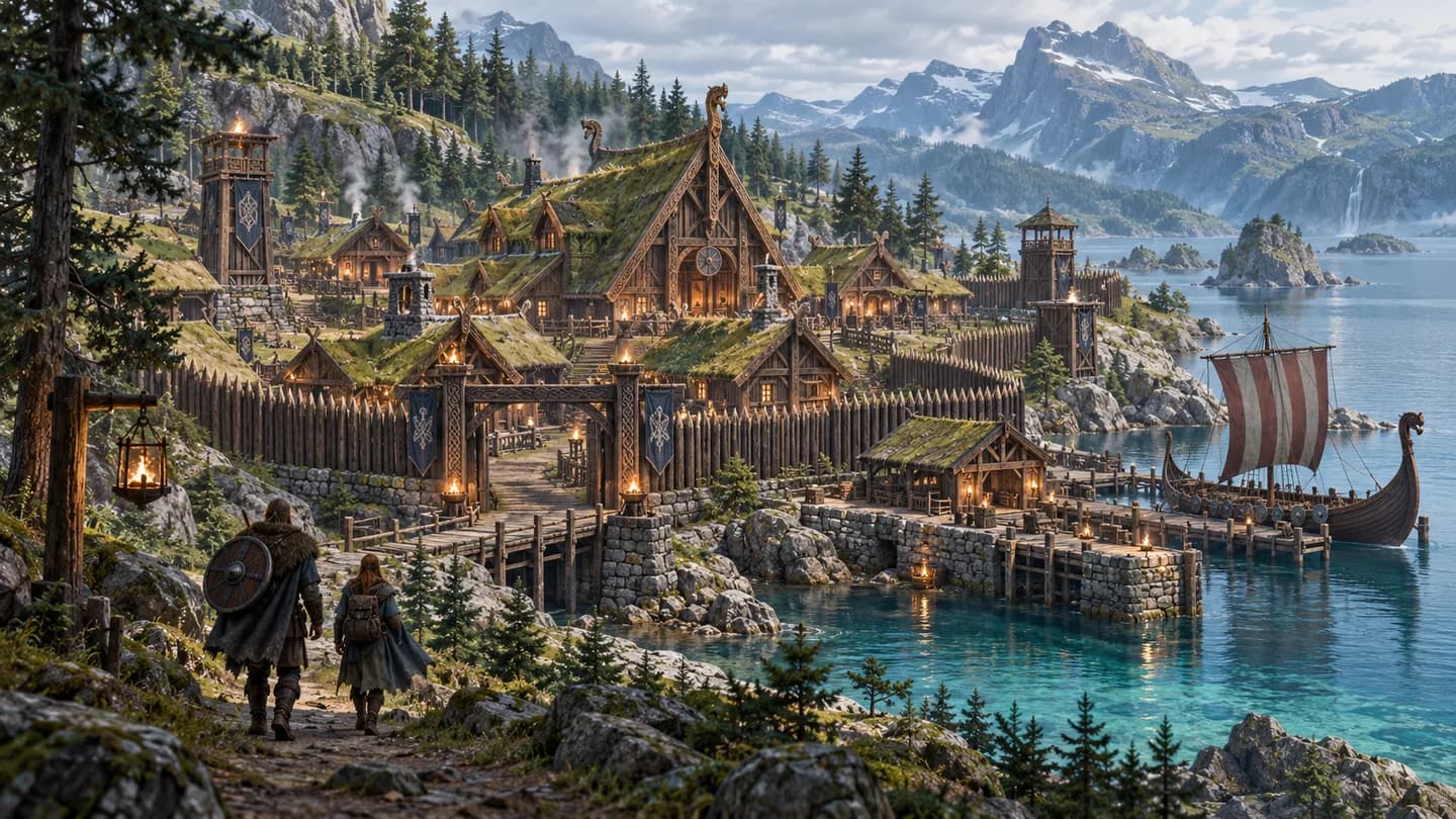 Conceptual AI editorial illustration of a Nordic fortified coastal settlement, not a Valheim screenshot or feature depiction