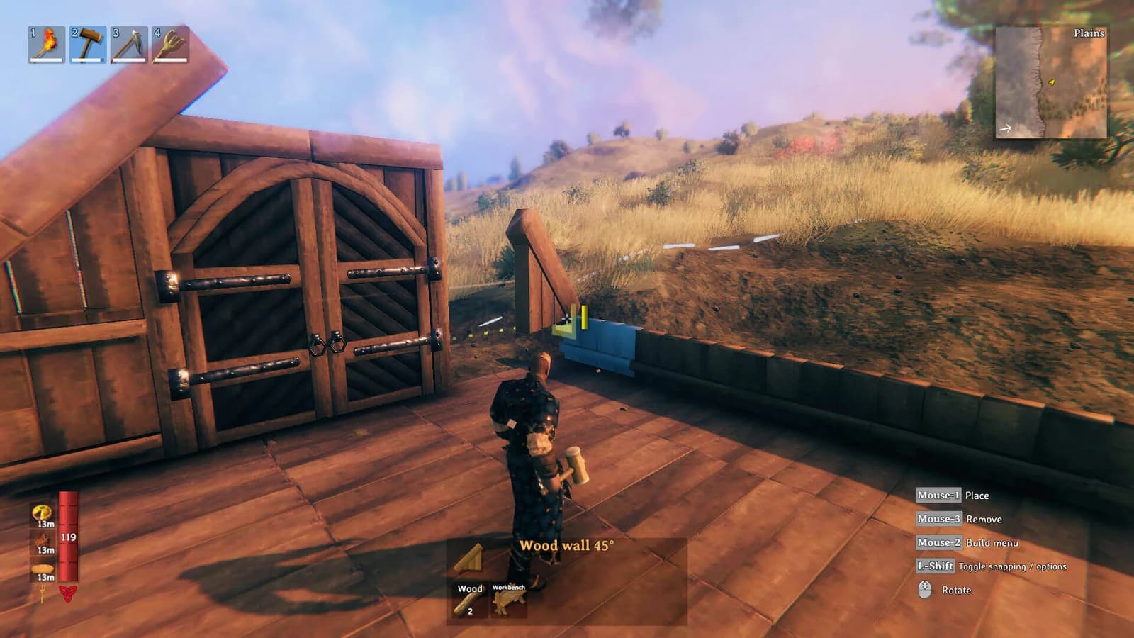 Valheim player building a timber base in the Plains biome